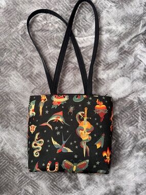 Black Tattoo-Print Canvas Shoulder Bag
